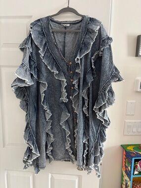 Denim Ruffle Button-Front Kimono